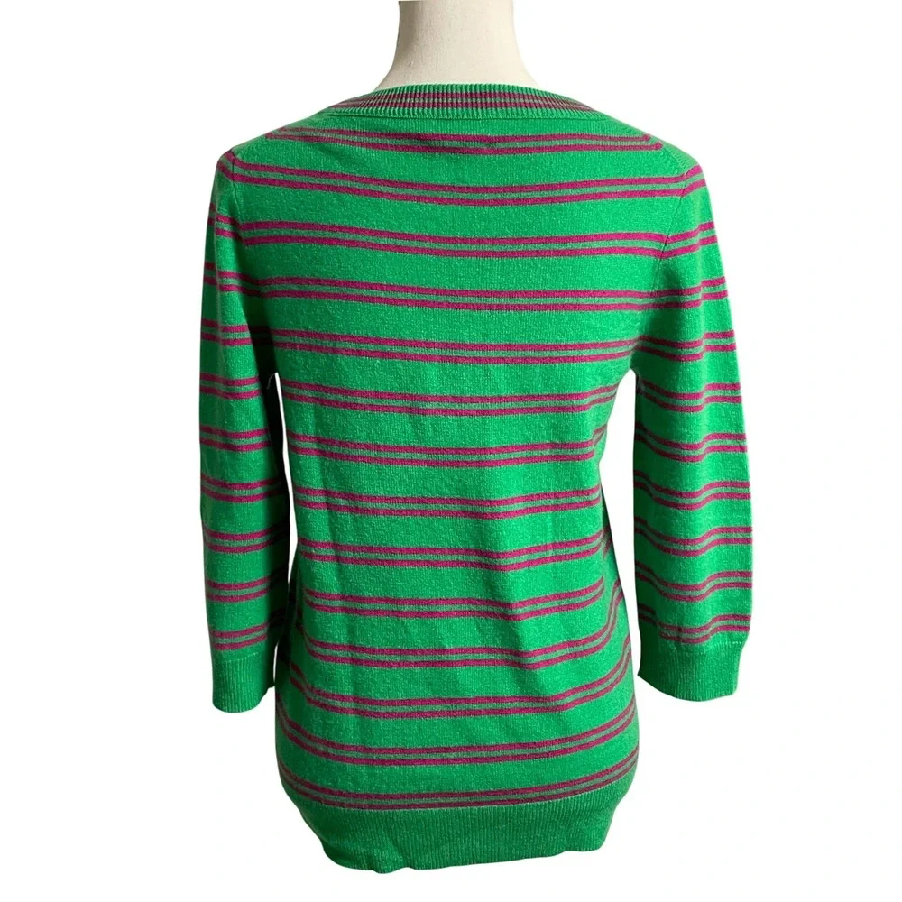 J. Crew Italian Cashmere Green Pink Stripe Crewneck Women's Small